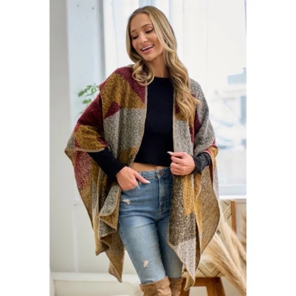 SOLD OUT Wine Multi Color Knit Shawl Open Wrap Geo Block Cardigan Sweater - Picture 7 of 8